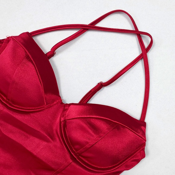 Red Criss Cross Strap Satin Mini Dress - Picture 10 of 11